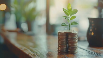 Wall Mural - Green Plant Growing from Stacked Coins on Wooden Surface