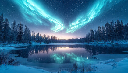 Wall Mural - Snowy forest night, mountain star space beauty mystery generated by AI