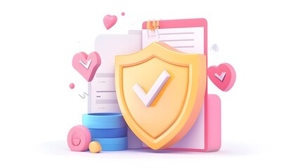 Document with shield and check mark. Health insurance, document security , data protection, finance and medical service concept. 3d vector icon. Cartoon minimal style. White background