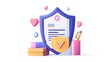 © plaksa - Document with shield and check mark. Health insurance, document security , data protection, finance and medical service concept. 3d vector icon. Cartoon minimal style. White background
