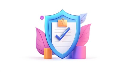 Document with shield and check mark. Health insurance, document security , data protection, finance and medical service concept. 3d vector icon. Cartoon minimal style. White background