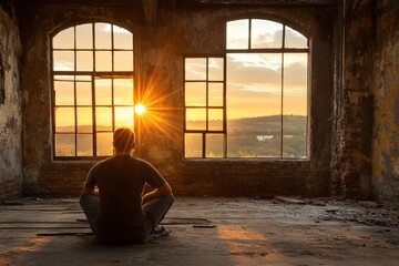 A person sitting on the floor of an old warehouse, gazing at the sunset through large, rugged windows, invoking a poignant sense of solitude and contemplation.