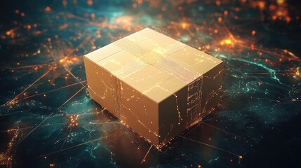 Poster - A package on a global map with tech lines connecting different locations, emphasizing efficient, tech-enhanced delivery.