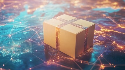 Poster - A package on a global map with tech lines connecting different locations, emphasizing efficient, tech-enhanced delivery.