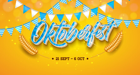 Wall Mural - Oktoberfest Party Banner Illustration with Fresh Lager Beer and Barleys Ear on Yellow Background. Vector Celebration Flyer Template With Typography Lettering for Traditional German Beer Festival.