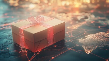Poster - A package on a global map with tech lines connecting different locations, emphasizing efficient, tech-enhanced delivery.