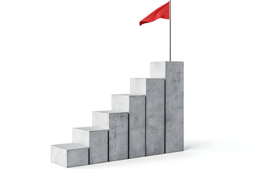 Sticker - Concrete stair steps arranged progressively higher, ending with a red flag on the highest step. Isolated on a white background, concept of success. 3D Rendering