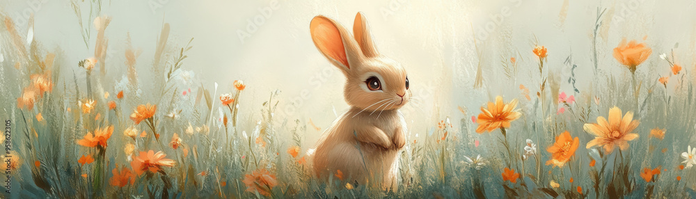 Cute little rabbit sitting amidst a field of vibrant wildflowers. Soft ...