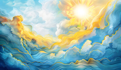 Wall Mural - Sky, sun and clouds. Digital painting, 