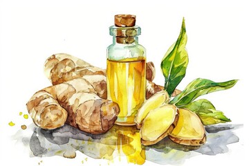 Botanical Ginger Oil - Watercolor Illustration with Aromatic Essence