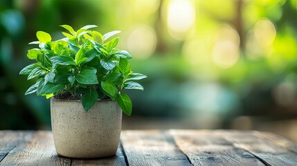 Wall Mural - Lush Green Plant in a Pot on a Wooden Table