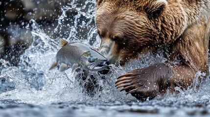 Wall Mural - Grizzly Bear Catching Salmon