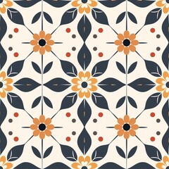 Poster - Floral Tile Pattern: A seamless, repeating pattern of stylized flowers, leaves, and dots in a warm, inviting color palette of beige, orange, yellow, red, and blue. Perfect for interior design, textile