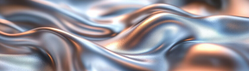 Poster - Close-up of smooth, flowing metallic fabric with a reflective surface, creating a dynamic, luxurious texture perfect for backgrounds or abstract designs.