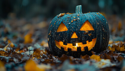 Canvas Print - Spooky pumpkin lantern glowing in dark autumn night generated by AI