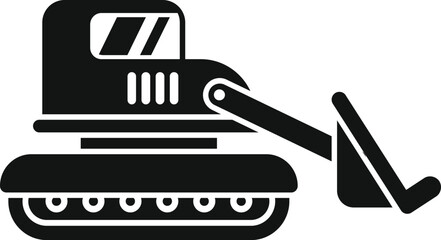 Poster - black and white silhouette of a small bulldozer excavator moving ground with shoveling bucket