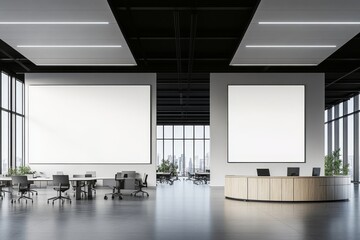 Poster - A white workspace interior with a board and drawer, a window, and mockup frames.