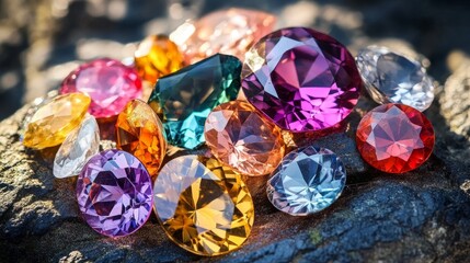 A vibrant collection of colorful gemstones shining in natural light, showcasing their exquisite beauty and unique shapes.