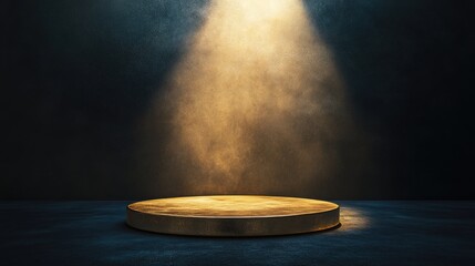 Poster - A solitary golden platform under a bright spotlight in a dark environment, symbolizing anticipation and attention