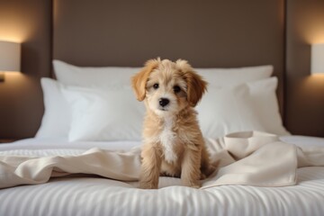 Sticker - Puppy on a bed, minimal photo. .