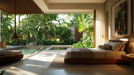 Sticker - Modern bedroom with a view of a tropical garden and a swimming pool.