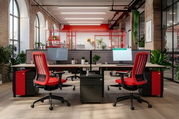 Poster - Modern Office Workspace with Red Chairs and Desks