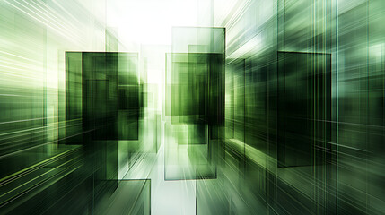 abstract green geometric shapes creating a motion effect in a futuristic setting during daylight hou