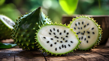 Ripe and half-sliced green soursop fruit showcases its creamy white interior and black seeds against a rustic natural background in Dak Lak, Vietnam.