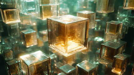 Poster - Floating glass cubes illuminated by soft light in an abstract digital environment, creating a mesmerizing visual effect