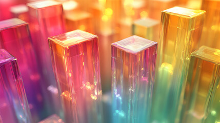 Aufkleber - Colorful translucent blocks create a vibrant abstract landscape with a gradient rainbow effect in bright lighting