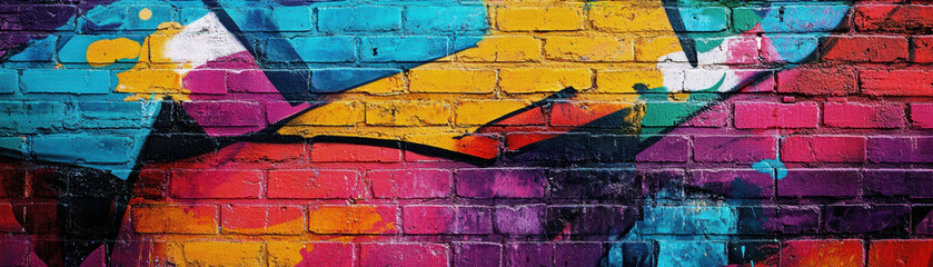 Wall Mural - Vibrant multicolored graffiti art on a brick wall, showcasing expressive creativity and urban street culture in an abstract style.