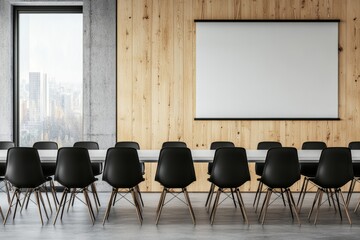 Poster - The interior of an office meeting room features a blank projection screen and a panoramic window