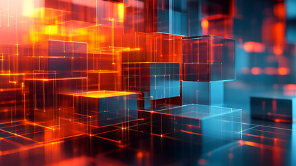 Aufkleber - Colorful abstract shapes in vibrant orange and blue hues create a dynamic digital landscape filled with geometric blocks