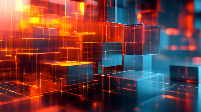 Colorful abstract shapes in vibrant orange and blue hues create a dynamic digital landscape filled with geometric blocks