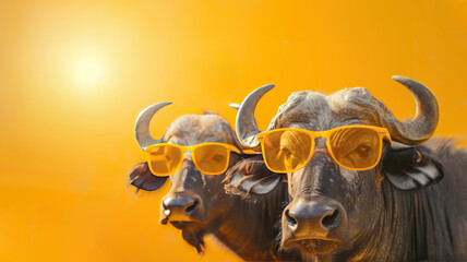 Wall Mural - Buffalo Friends in Sunglasses, a playful scene featuring a group of buffalo wearing stylish shades against a vibrant background, ideal for engaging advertisements and creative promotions