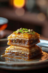 Baklava with honey syrup and pistachios