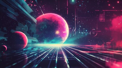 Wall Mural - Futuristic digital landscape with glowing planets and neon lights.