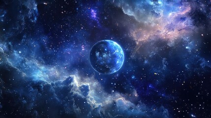 Wall Mural - A Blue Planet in a Starry Night Sky with Nebulae