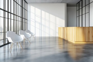 Poster - An interior design mockup of an office with desks and computers in a row adjacent to a window.