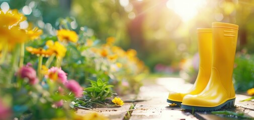 Aufkleber - A pair of yellow rain boots are on a path in a garden