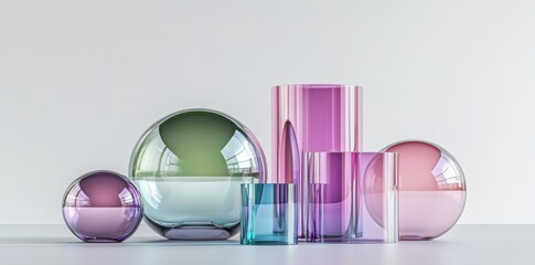 Poster - Geometric 3D shapes set, neon pink cross, sphere, cone, ring. 3D shapes icon design. 3D shapes icon set hologram, Y2K glass gradient objects, crystal modern futuristic figure.