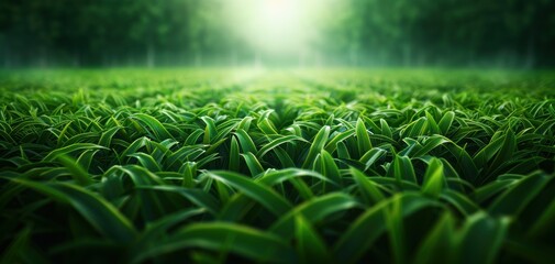 Aufkleber - A field of green grass with a bright sun shining through the trees