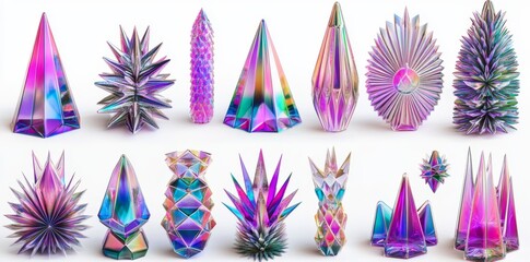 Poster - Set of three holographic geometric shapes with three types of glass gradient, new y2k glass gradient objects. Modern crystal futuristic figures with transparencies. Crosses, spheres, cones, rings 3D