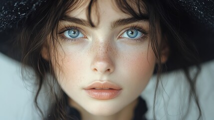 Wall Mural - A close-up portrait of a young woman with striking blue eyes, a delicate expression, and natural freckles, wearing a dark hat with loose tendrils of hair framing her face