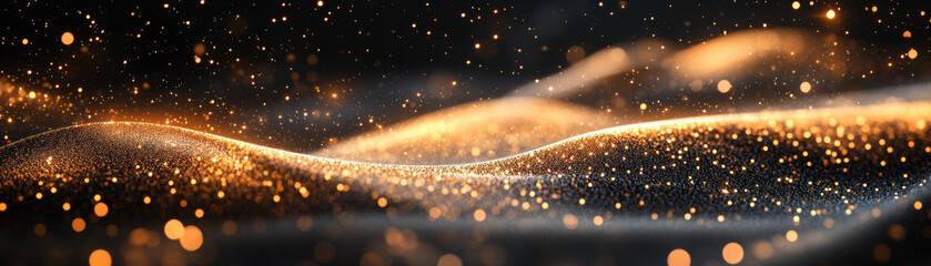 Poster - Gold and black abstract background with shimmering light particles. Perfect for festive themes, art, digital design, & elegant presentations.