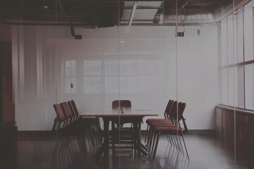 Poster - Interior with long table, sofa, and panoramic window in meeting room. Mockup wall.