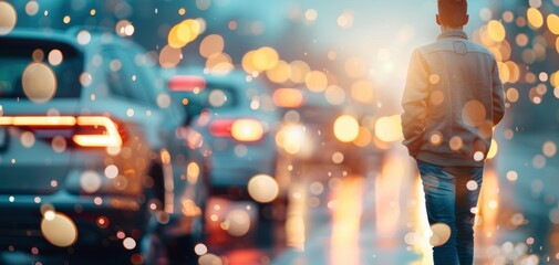 Poster - A blurry image of a man walking in the rain with cars in the background