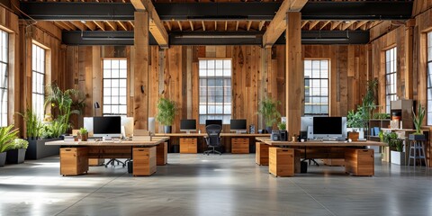 Wall Mural - Spacious and modern open-plan office interior featuring wooden furniture, high ceilings, and abundant natural light streaming through large windows