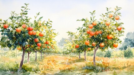 Watercolor Painting of an Orange Orchard