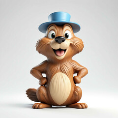 Wall Mural - Beaver goofy funny cute cartoon 3d figurine on plain white background